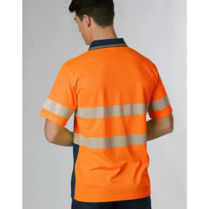 A vibrant orange unisex polo shirt with reflective stripes and a dark navy collar, featuring a logo on the front.