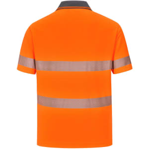 A bright orange unisex short-sleeve polo shirt featuring reflective segmented stripes and a grey collar.