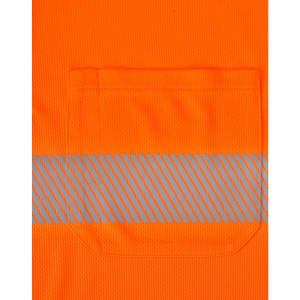 An orange safety polo shirt featuring a reflective stripe and a pocket on the front.