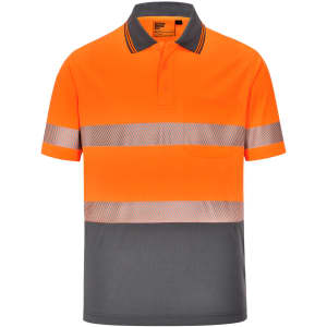 A vibrant orange and grey polo shirt with reflective strips and a chest pocket, featuring a logo.
