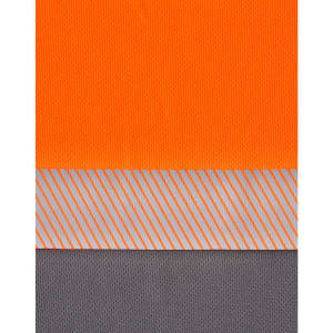 A segmented polo shirt in hi-vis orange and grey with a reflective stripe pattern and a logo.