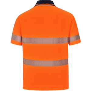 An unisex short-sleeve polo shirt in vibrant orange with reflective segmented stripes and a navy collar.