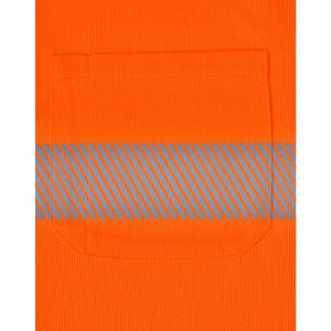 An orange unisex safety polo shirt featuring a grey segmented reflective stripe and a chest pocket.