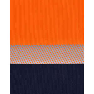Unisex Cooldry segmented safety polo featuring an orange upper section and a navy lower section with a striped pattern.