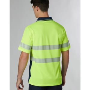 A high-visibility unisex polo shirt in bright yellow with reflective striped detailing on the back.