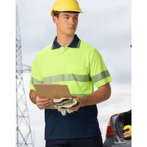 A high-visibility unisex short-sleeve polo in bright yellow and navy, featuring reflective stripes and a chest pocket.