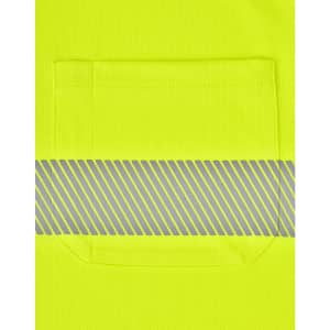 A bright yellow polo shirt featuring a reflective grey stripe and a chest pocket, designed for safety and visibility.