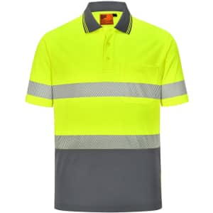 A unisex cooldry segmented safety polo shirt in bright yellow with grey stripes and a pocket. It features a logo.