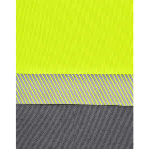 A segmented polo shirt in high-visibility yellow with grey stripes, featuring a textured fabric and a logo.
