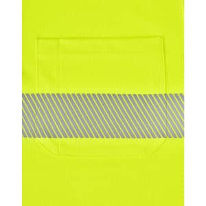 A bright yellow polo shirt featuring a segmented reflective stripe and a front pocket. It has a logo prominently displayed.