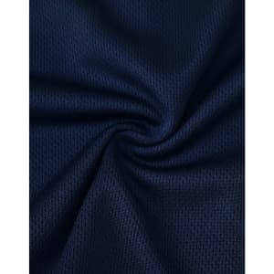 A close-up of navy fabric with a textured mesh pattern, suitable for polo shirts. The image features a logo.