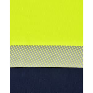A segmented fabric featuring bright yellow and navy colours with reflective grey stripes across the design.