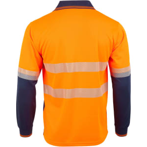 A long-sleeved polo shirt in bright orange with navy blue sleeves and reflective stripes, featuring a logo on the front.