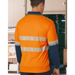 An orange and navy unisex long-sleeve polo shirt with reflective segmented stripes and a branding logo.