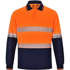 A long-sleeve polo shirt in bright orange and navy, featuring reflective stripes and a pocket. It has a logo on the chest.