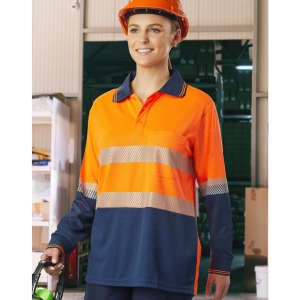 Unisex long-sleeve polo shirt in bright orange and navy, featuring reflective stripes and a logo.