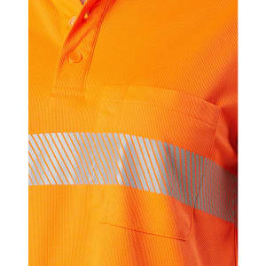 A vibrant orange unisex long sleeve polo shirt with a reflective silver stripe and chest pocket. Features a logo.