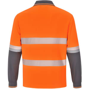 A long-sleeved, unisex safety polo shirt in orange and grey with reflective stripes and a logo.