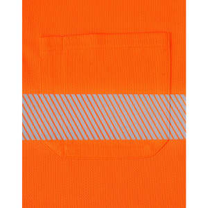 An orange long-sleeve polo shirt featuring a reflective striped band and a pocket.