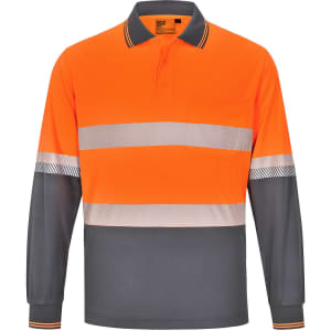 Unisex long-sleeve polo shirt in bright orange and grey, featuring reflective stripes and a pocket. Includes a logo.