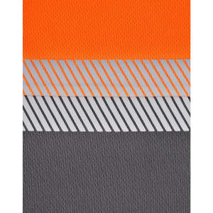 A segmented fabric featuring bright orange and grey tones with reflective stripes, ideal for work polo shirts.