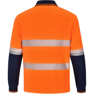 An orange long-sleeve polo shirt with navy blue sleeves and reflective stripes, featuring a logo.