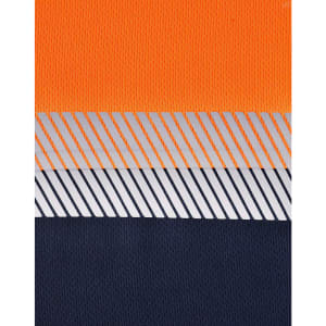 A segmented work polo shirt in vibrant orange and navy, featuring a reflective stripe design and a logo.