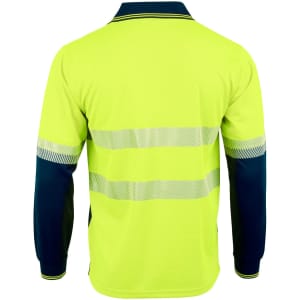 A long-sleeved unisex polo shirt in high visibility yellow with navy blue sleeves and reflective stripes.