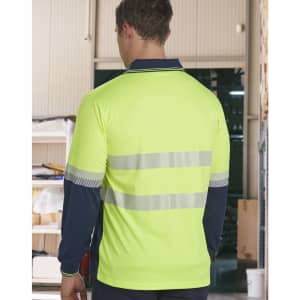 A bright yellow and navy long-sleeve polo shirt with reflective stripes, featuring a logo on the front.