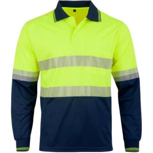 A long-sleeved unisex polo shirt in fluorescent yellow and navy blue, featuring reflective stripes and a chest pocket.