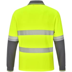 A high-visibility long-sleeve polo in bright yellow with grey accents and reflective stripes, featuring a logo.