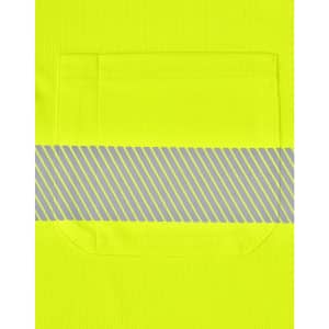 A bright yellow unisex long-sleeve polo shirt with a segmented reflective stripe and a chest pocket.