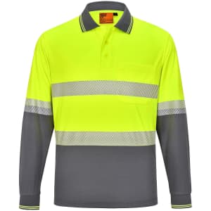 A long-sleeved polo shirt in high-vis yellow with grey segments and a pocket, featuring reflective stripes and a logo.