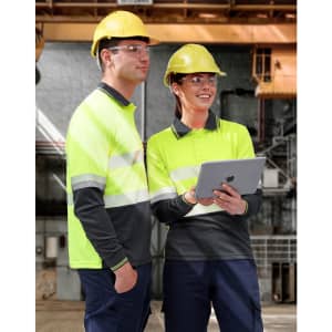 A unisex long-sleeve safety polo in high-visibility yellow with grey segments, featuring two workers wearing hard hats and safety glasses.