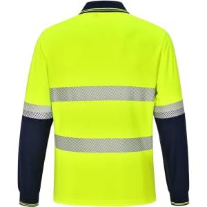 A long-sleeved, unisex safety polo shirt in high-visibility yellow with navy blue sleeves and reflective strips.