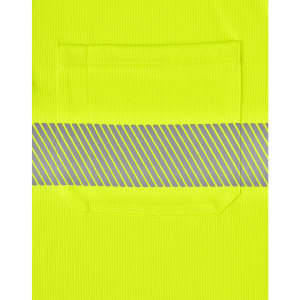 A bright yellow unisex long-sleeve polo shirt with a reflective striped band and a pocket on the front.