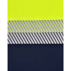 A segmented fabric featuring bright yellow and navy blue, with a pattern of grey stripes. The material is textured and breathable.