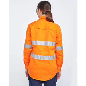 An orange long-sleeve work shirt featuring perforated reflective tape on the back, with a collar and button closure.