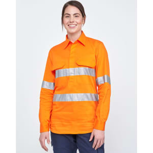 An orange long-sleeve work shirt with reflective tape, featuring a closed front and two chest pockets.