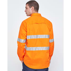 An orange long-sleeve work shirt with perforated tape detail and reflective stripes on the back.