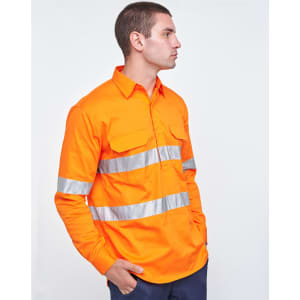A long-sleeve orange work shirt with perforated reflective tape and a logo. Features two chest pockets.