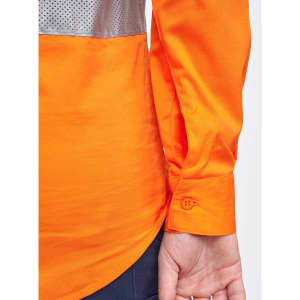 An orange long-sleeve work shirt with perforated reflective tape, featuring buttoned cuffs.