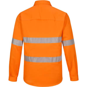 An orange long-sleeve work shirt featuring reflective tape on the back, designed for visibility and safety.