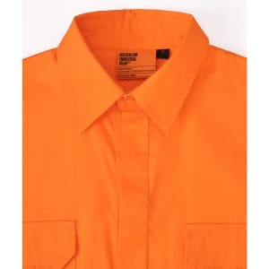 An orange long-sleeve work shirt featuring a closed front design and a logo.