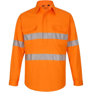 High visibility orange long-sleeve shirt with closed front and perforated reflective tape, featuring two chest pockets and a logo.