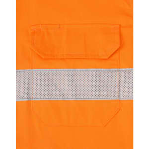An orange long-sleeve shirt featuring perforated reflective tape and a back pocket. It has a logo on the fabric.