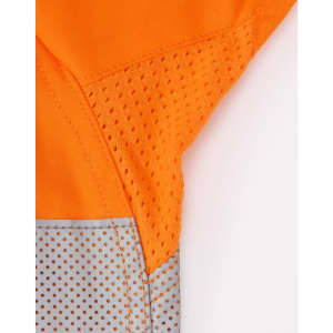An orange long-sleeve shirt featuring perforated silver tape detailing. The shirt has a logo.