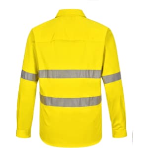 A long-sleeve work shirt in bright yellow with perforated reflective tape for visibility and safety.