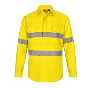 A long-sleeved, bright yellow work shirt with grey perforated reflective tape and two chest pockets, featuring a logo.
