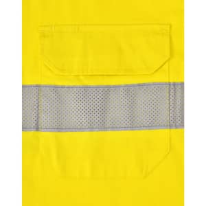 A bright yellow long-sleeve work shirt featuring perforated reflective tape and a back pocket.